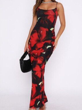 White Fox Red Floral Mesh Maxi Dress – Size Medium